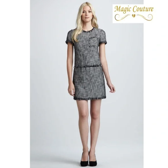 Rebecca Taylor Tweed Shift Dress with Knit Fringe and Leather Details